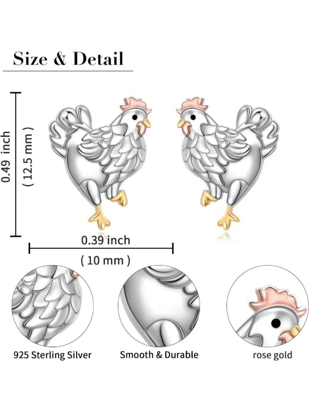 Sterling Silver S925 Chicken Rooster Hen Earrings - Unique Women's Jewelry Gift